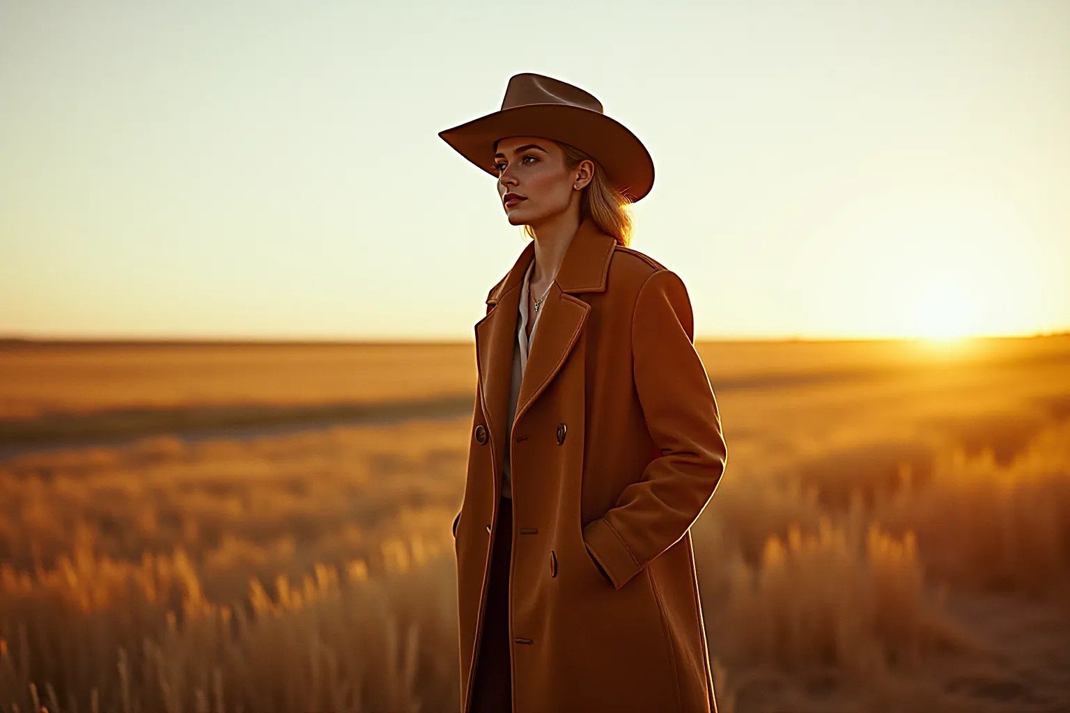 Woman in a tobacco suede coat and felt hat on a Florida prairie at golden hour