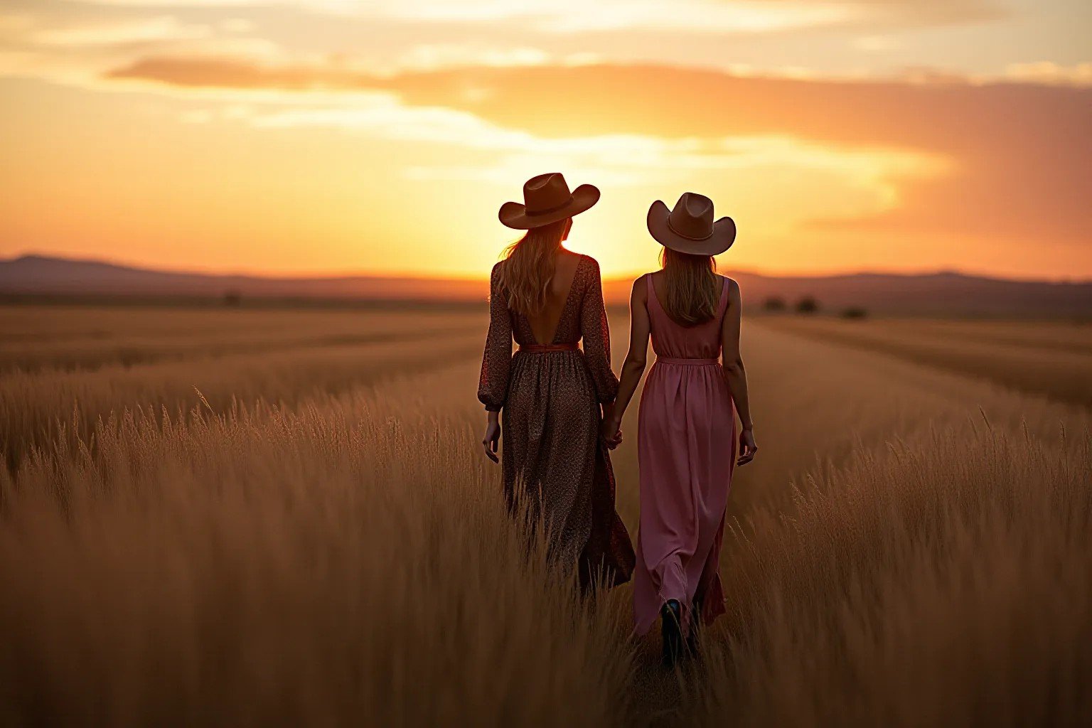 Two women in western dresses walking through prairie grass at dusk