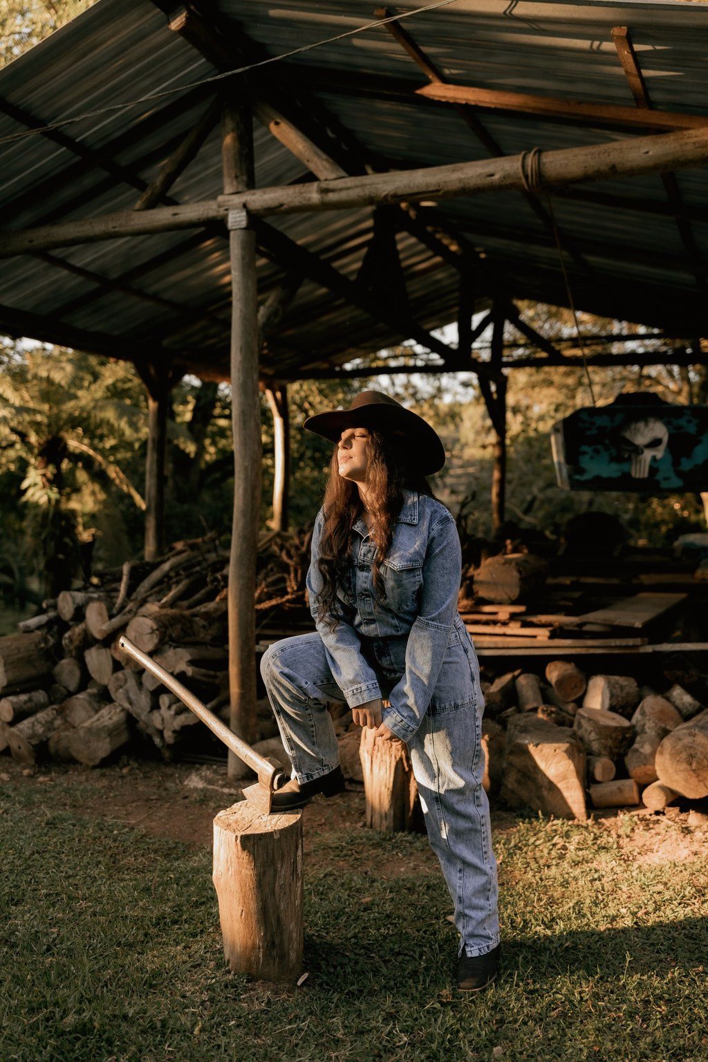 Woman wearing the Clementine light-wash western denim jacket