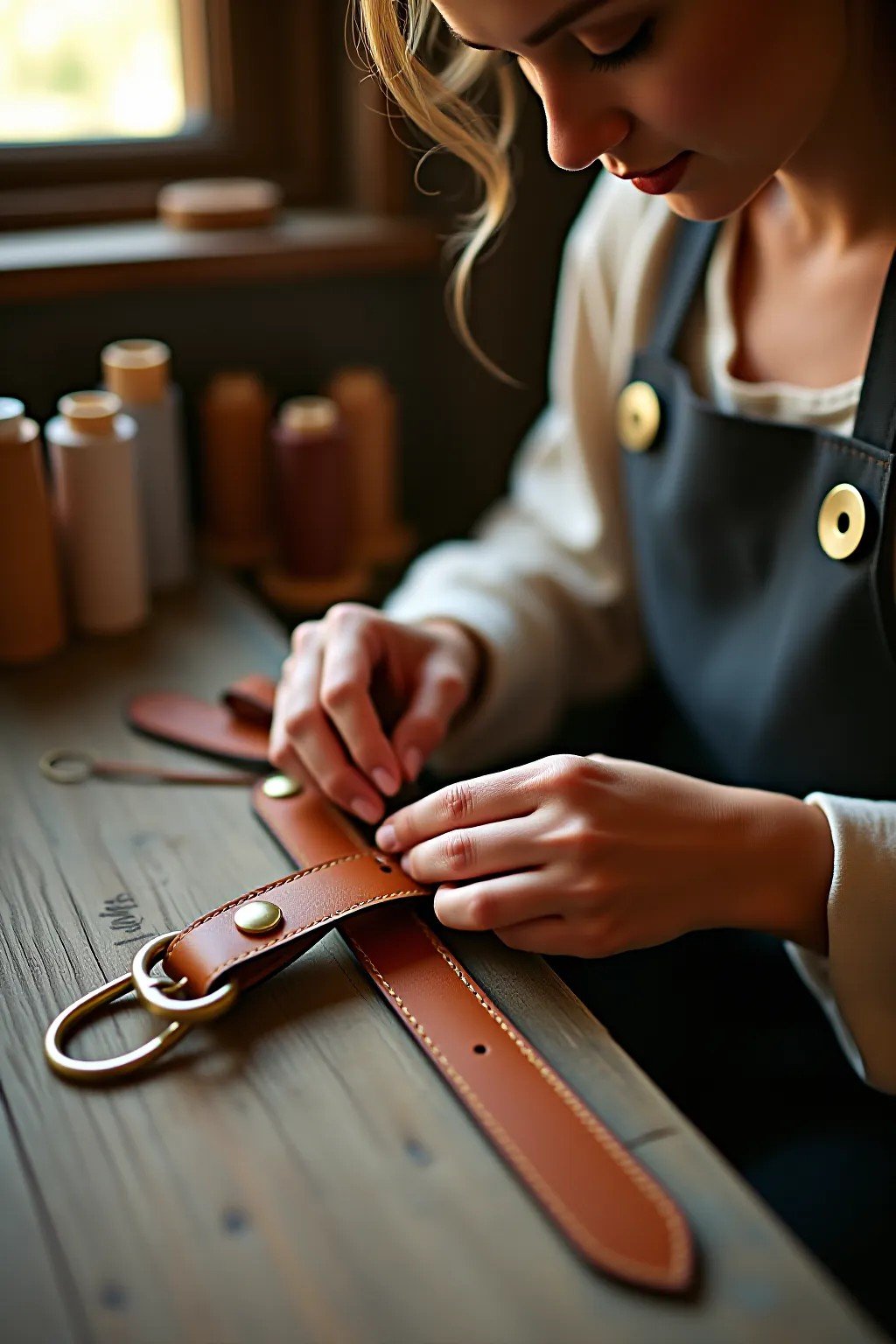Hands hand-stitching a leather western belt at a workbench